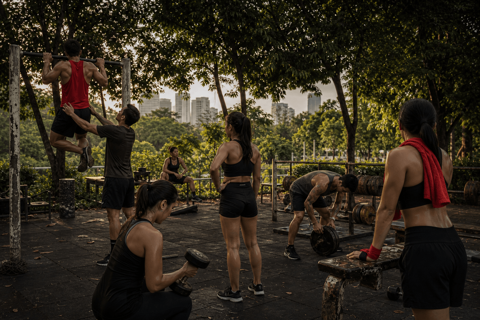 Women and men training together at a simple public park gym in Bangkok